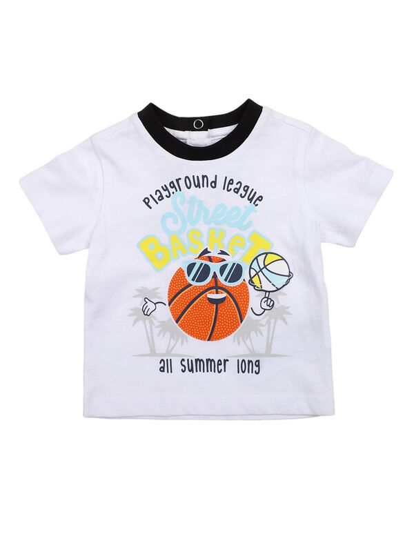 Boys White & Black Printed Short Sleeve Knitted T- Shirt image number 0
